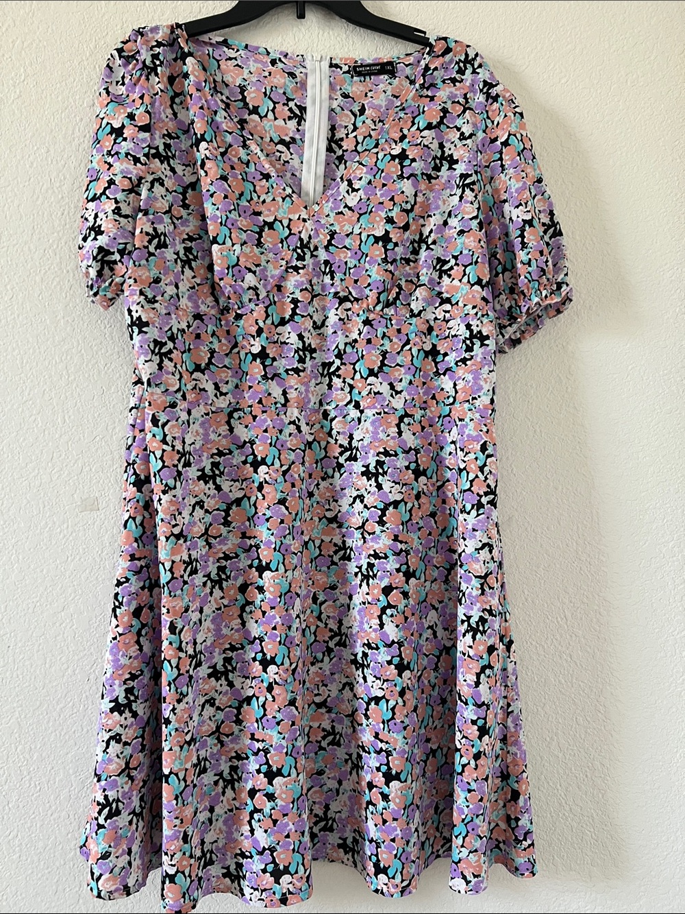 SHEIN Pastel Floral Puff-Sleeve Dress on Black